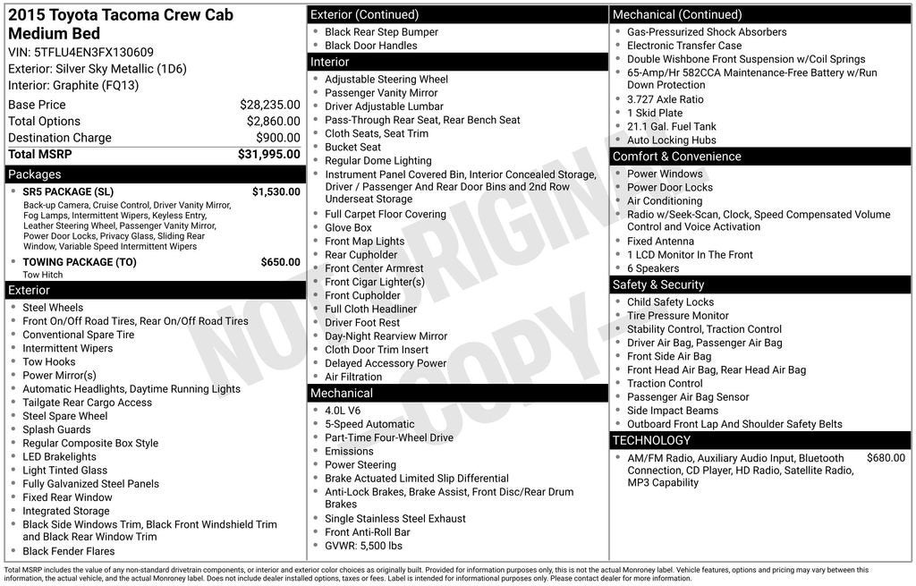 2015 Toyota Tacoma DBL CAB 4WD V6 MT